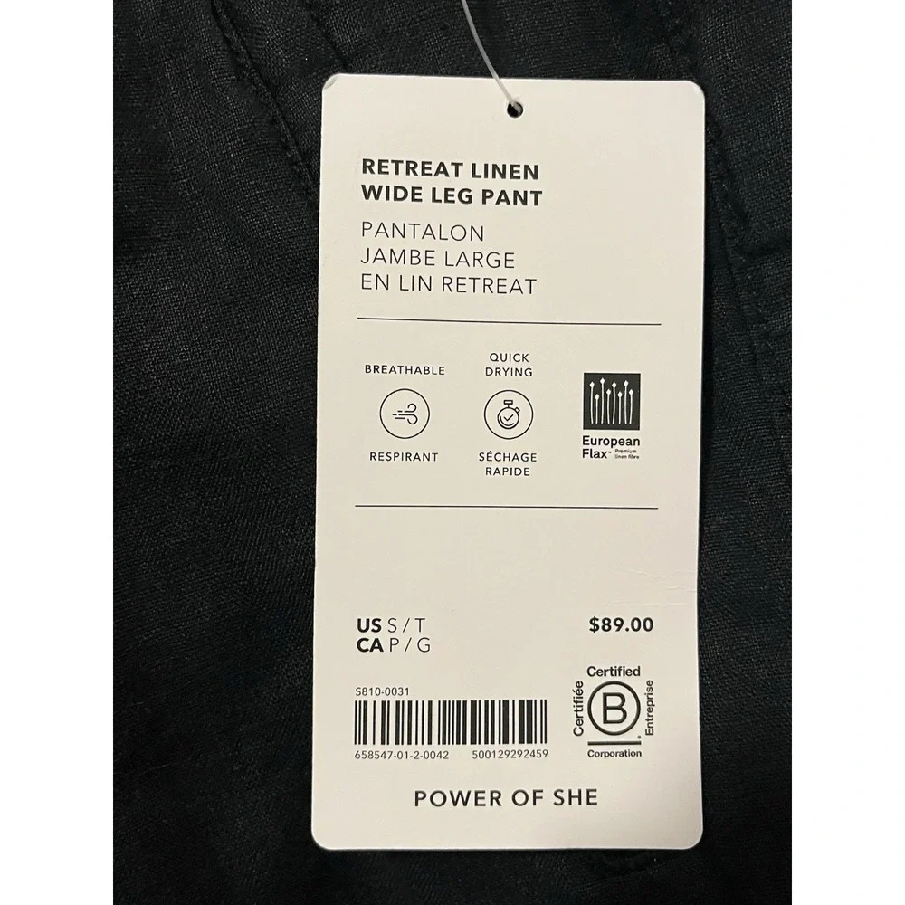 NWT Athleta Black Retreat Linen Ankle Pant W/Drawstring Womens Size Small